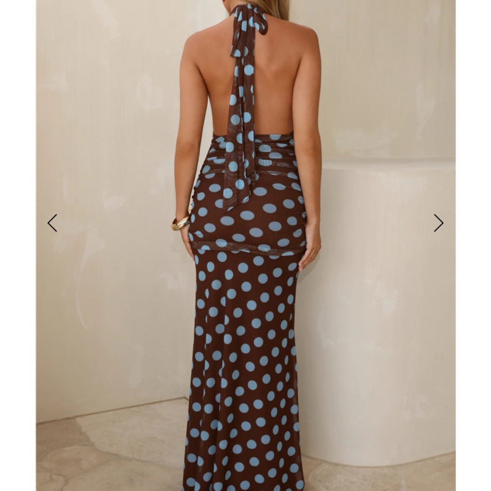 Hello Molly Brown & Blue Polka Dot Maxi Halter Dress - Picture 2 of 4